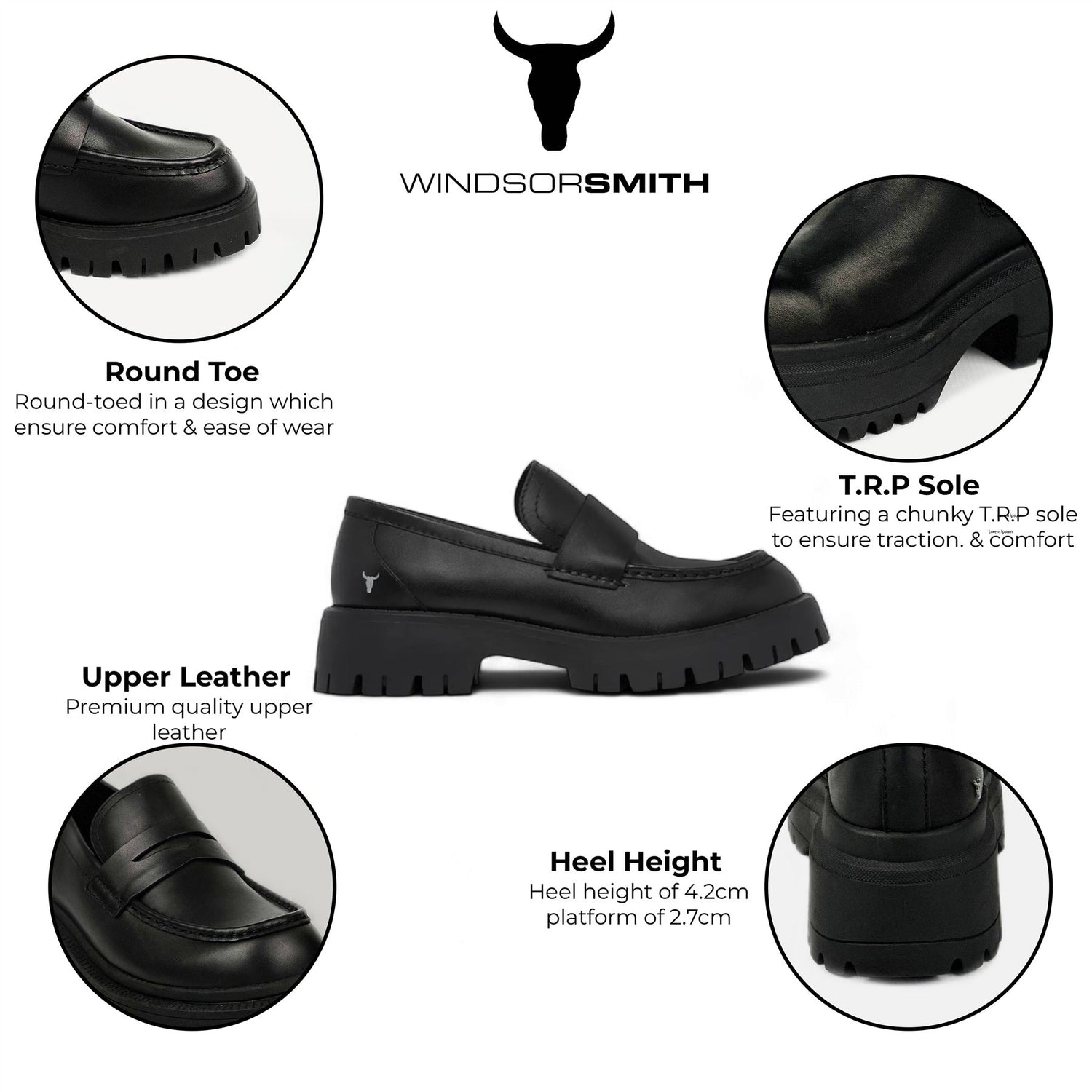 Windsorsmith Black Leather Chunky Loafers - True