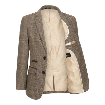Boys 3 Piece Brown Tweed Check Vintage Retro Suit