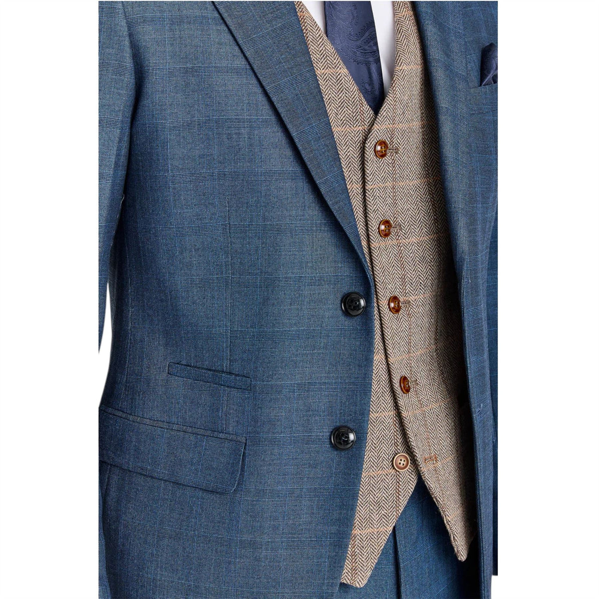 Mens Navy Suit with Brown Tweed Waistcoat Wedding Suit - Harris