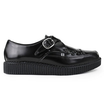 TUK Pointed Creeper Black Leather Monk Buckle Platform Shoes - A8520