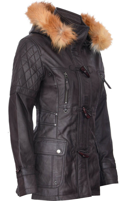 Womens Quilted Leather Hooded Parka Jacket-Northampton