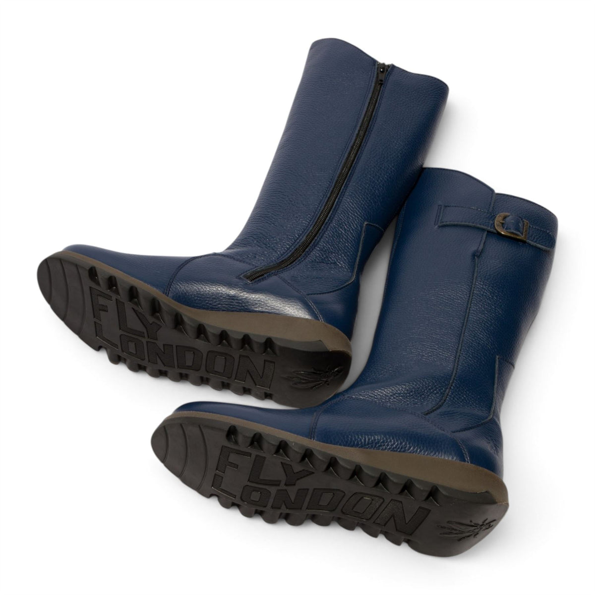 Fly London Womens Navy Leather Wedge Heel Knee High Long Boots - MOL2