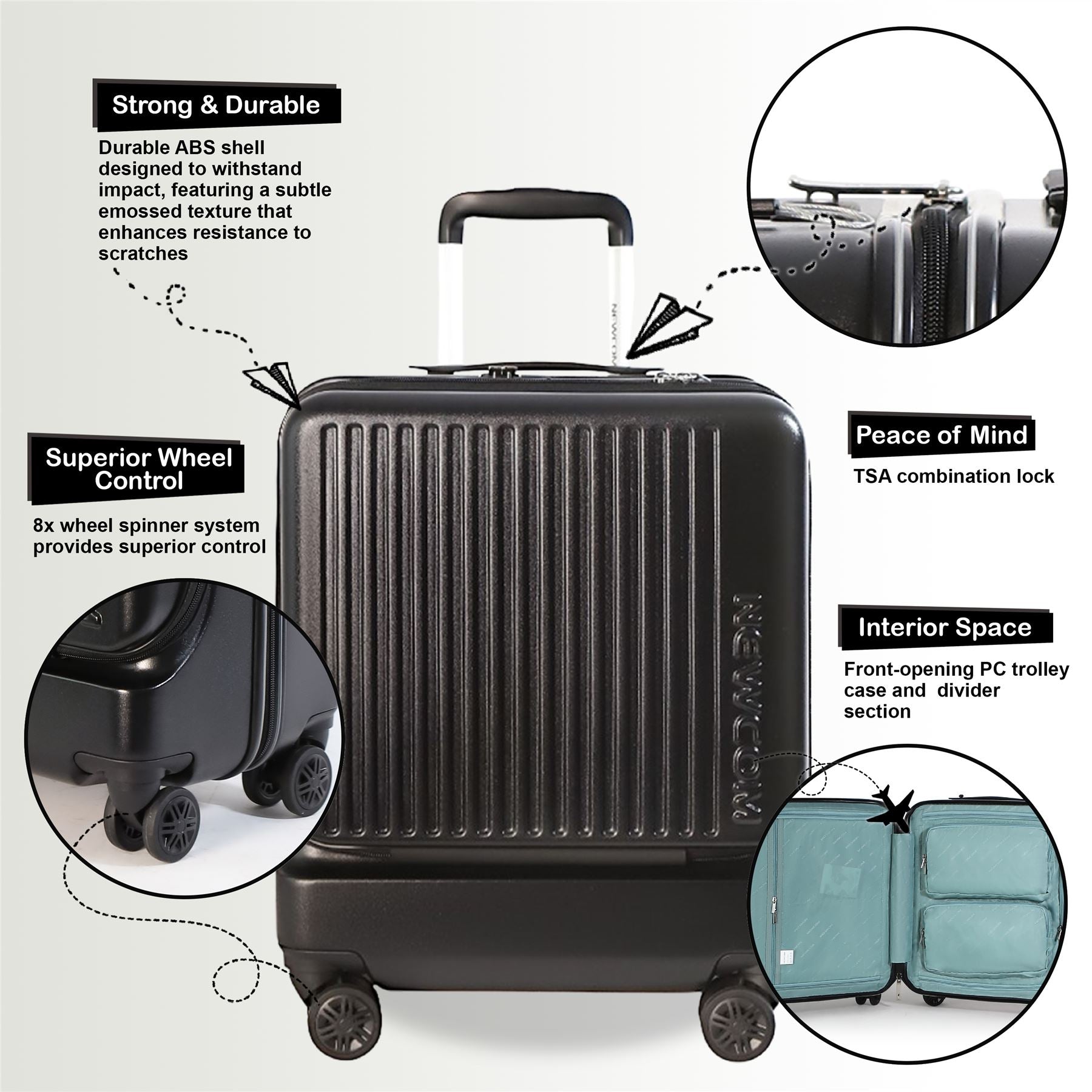 Durable EasyJet Ryanair 39 x 26 x 51.5 cm Black Front Open Cabin Luggage Travel Suitcase