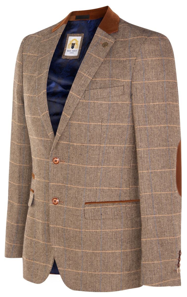 Marc Darcy Mens Tweed Blazer DX7 Tan Brown Check Herringbone Smart For Upperclass Fashions