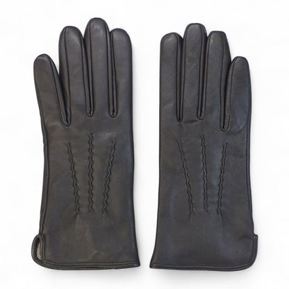 Womens Italian Leather Winter Stitch Line Design Soft Wool Lining Gloves
