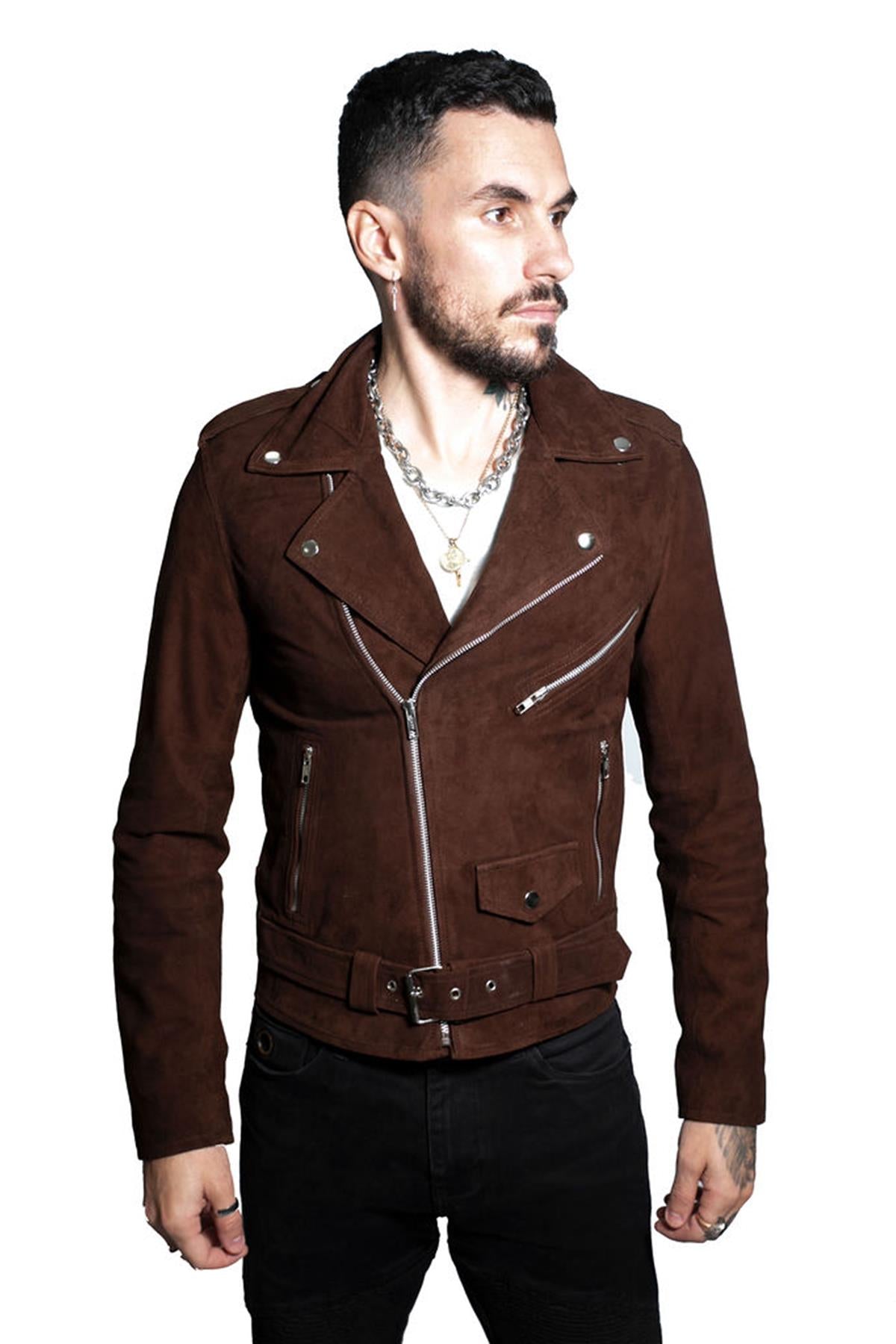 Mens Suede Leather Brando Biker Jacket-Stratford