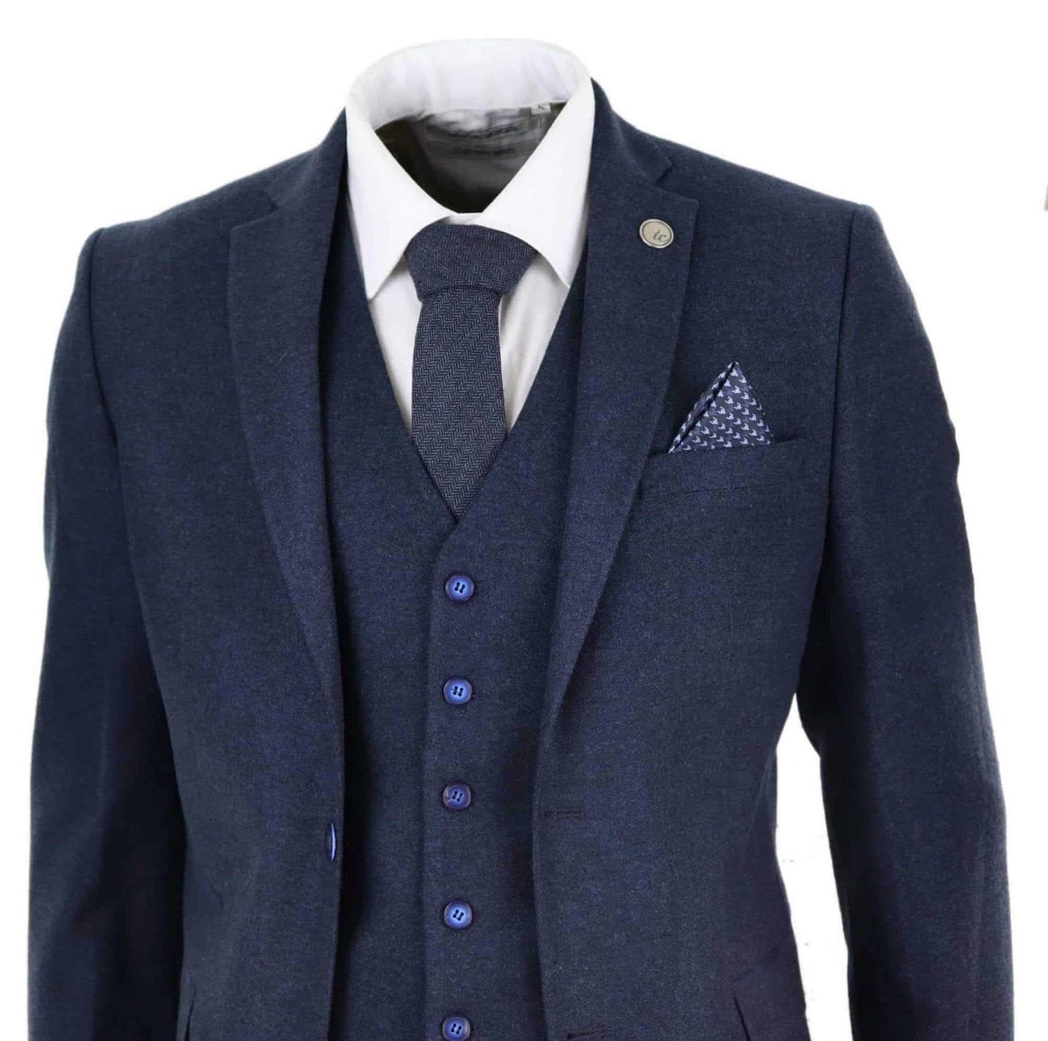 Mens 3 Piece Navy Blue Wool Tweed Vintage Retro Suit - Upperclass Fashions 