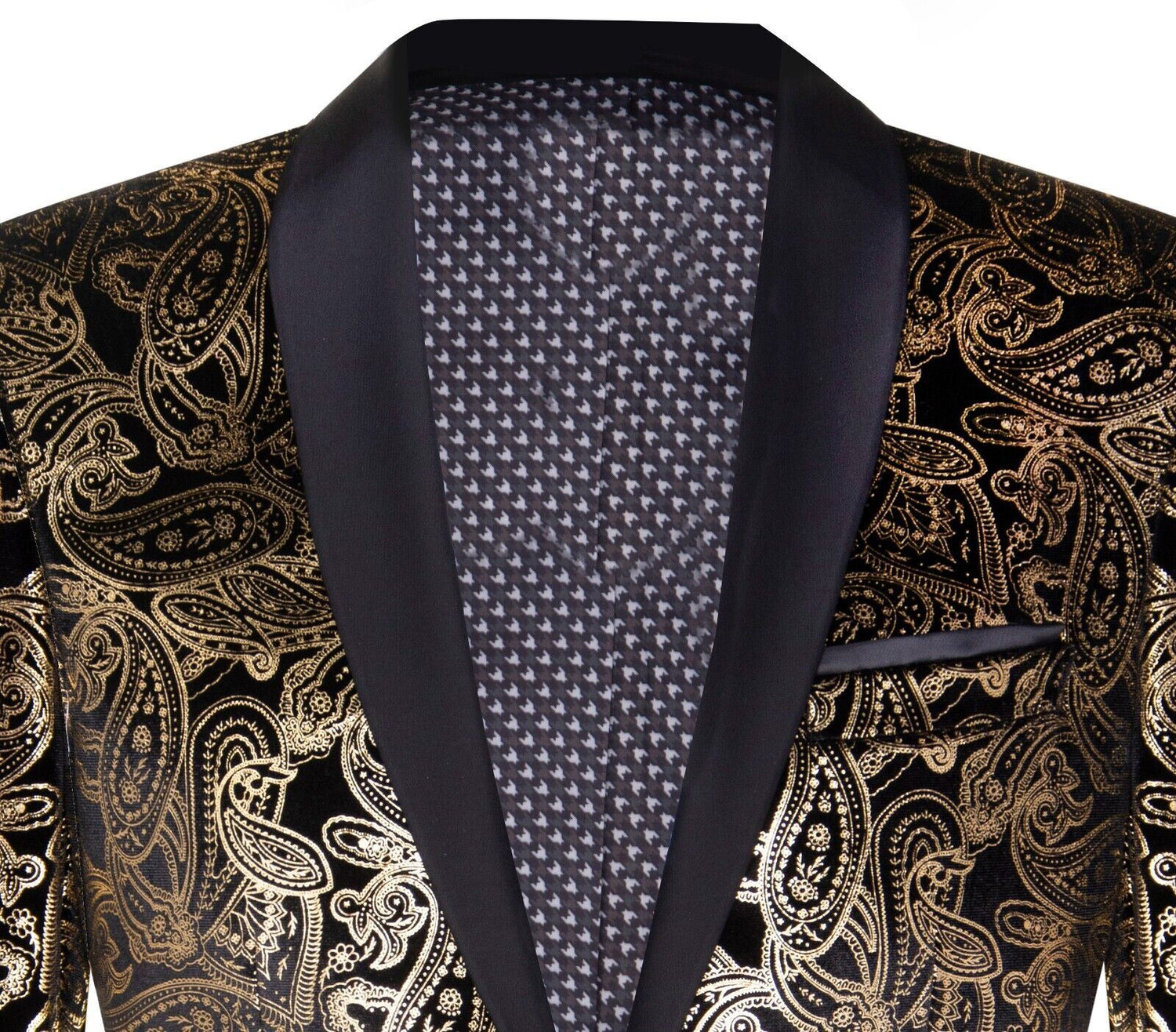 Mens Classic Gold Paisley Black Velvet Tuxedo Dinner Jacket Tailored Fit Blazer