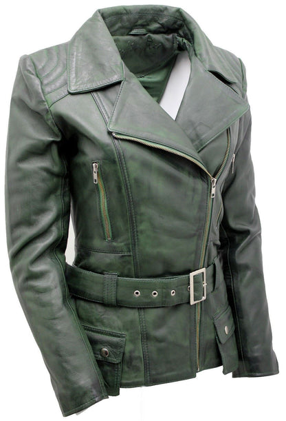 Womens Mid-length Leather Biker Jacket-Middlewich