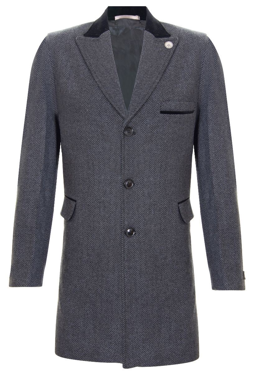 Mens 3/4 Long Grey Crombie Overcoat Jacket Herringbone Tweed Coat Peak ...