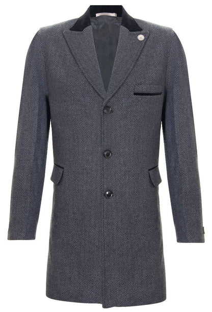 Mens 3/4 Long Grey Crombie Overcoat Jacket Herringbone Tweed Coat Peaky Blinder