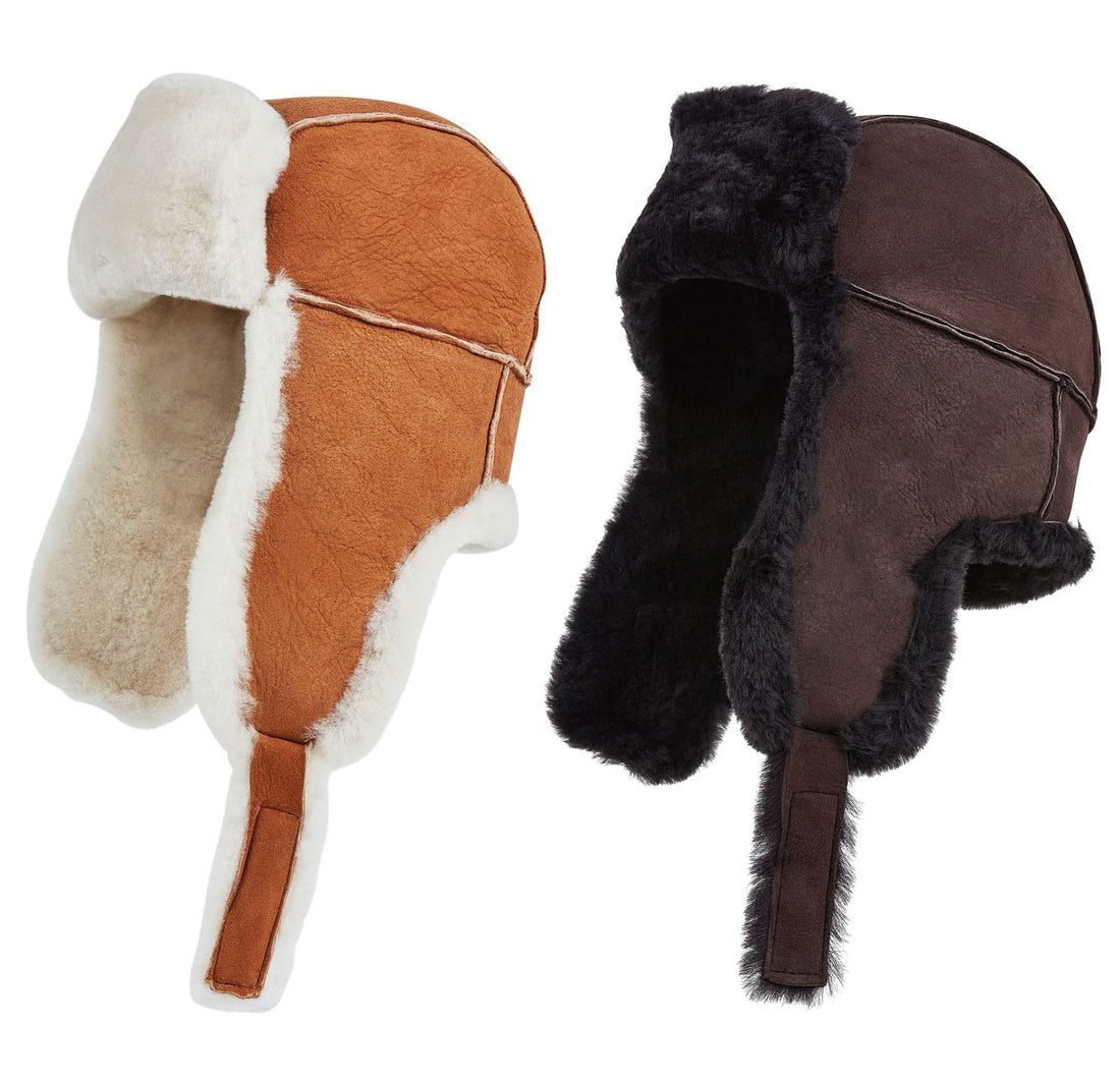 Mens RAF Aviator Suede Sheepskin B-55 Trapper Hat Winter Warm Leather Navigator Hat