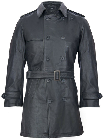 Mens Black Leather Trench Overcoat-Edenbridge