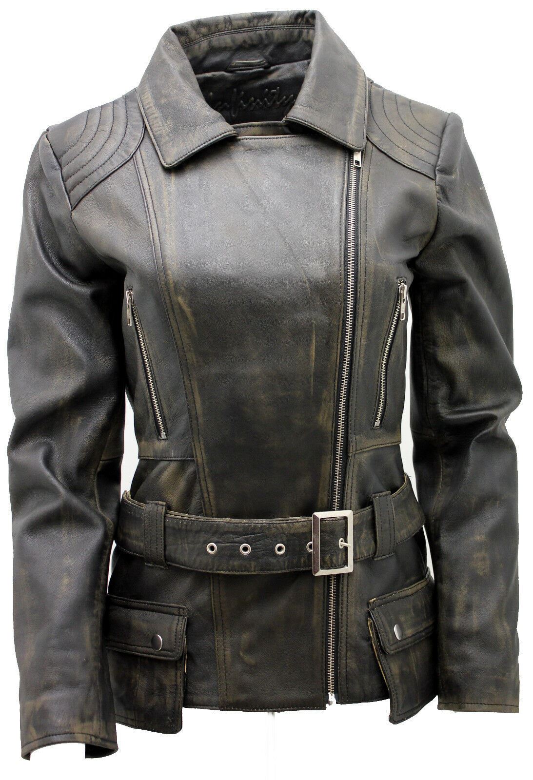 Womens Mid-length Leather Biker Jacket-Middlewich