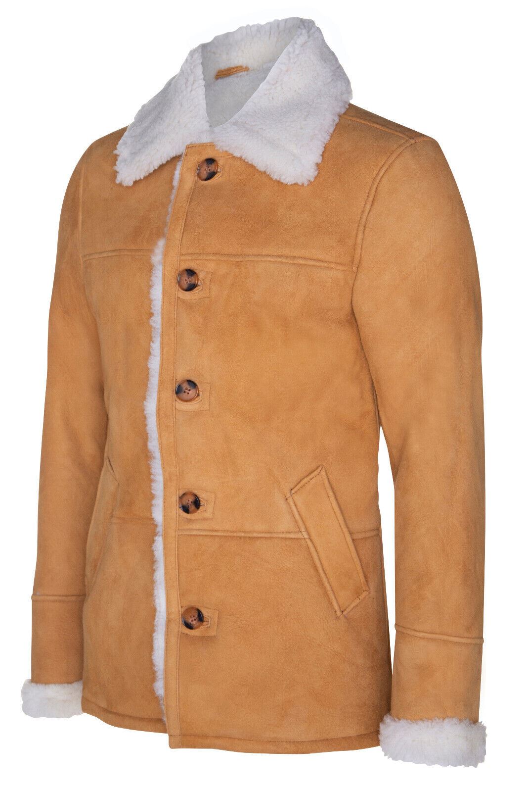 Mens Suede Tan Classic Sheepskin Car Coat-Leyton