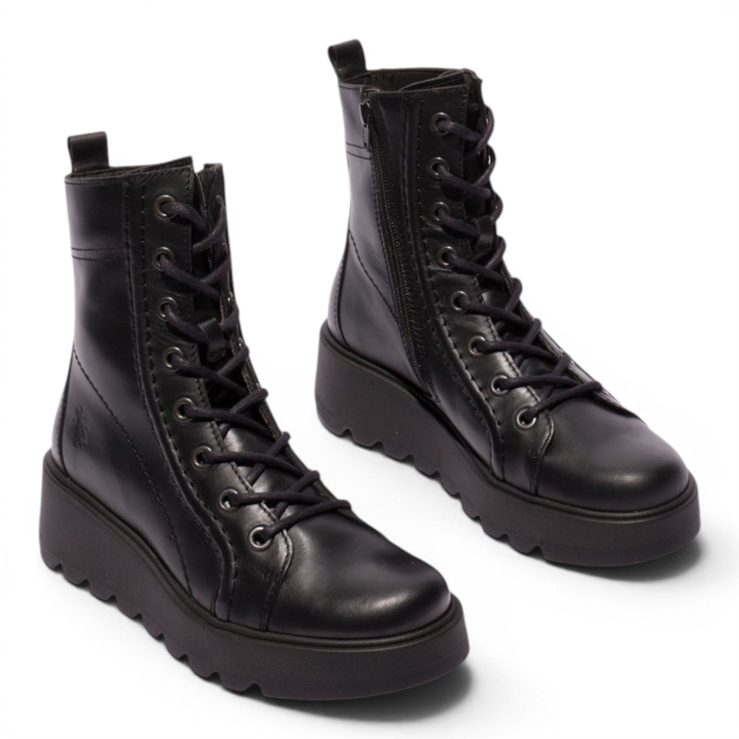 Fly London Womens Black Leather Lace-Up Wedge Heel Combat Boots - TERY554