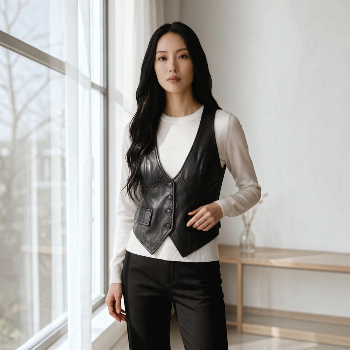 Womens Red Leather Waistcoat Biker Vest - MAM-WC