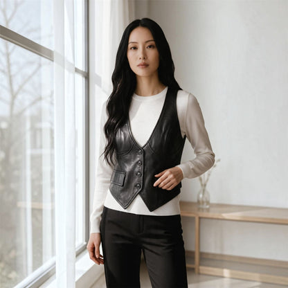 Womens Red Leather Waistcoat Biker Vest - MAM-WC