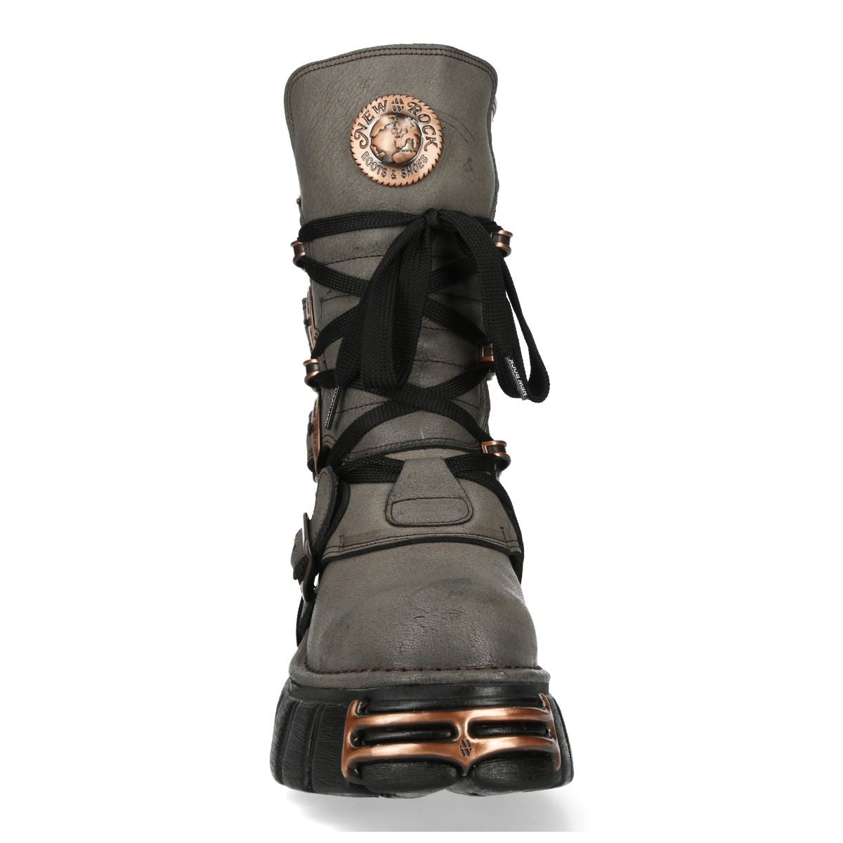 New Rock Grey Brown Leather Gothic Mid-Calf Biker Boots - M-373XL-C119