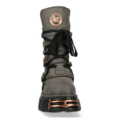 New Rock Grey Brown Leather Gothic Mid-Calf Biker Boots - M-373XL-C119