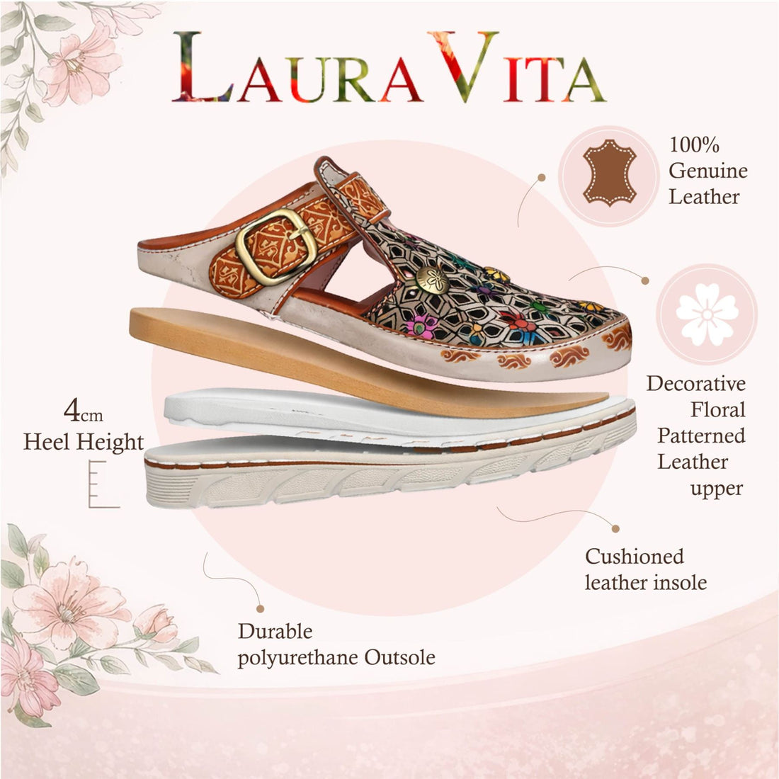 Laura Vita Women’s Dorry 01 Floral Beige Leather Wedge Slipper Sandals