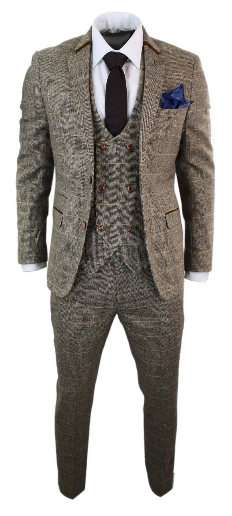 Mens 3 Piece Tan Herringbone Tweed Check Suit - Upperclass Fashions 