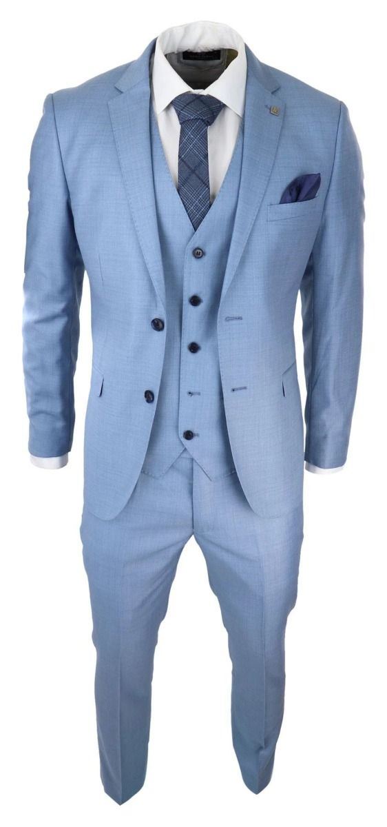 Mens 3 Piece Light Blue Classic Stitch Retro Suit - Upperclass Fashions 