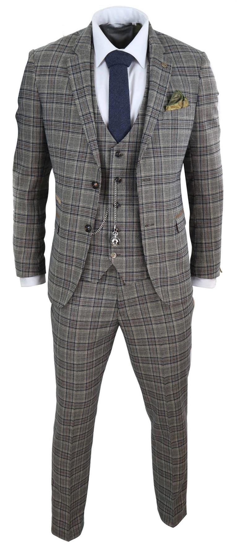 Mens 3 Piece Tan Brown Herringbone Check Suit - Upperclass Fashions 