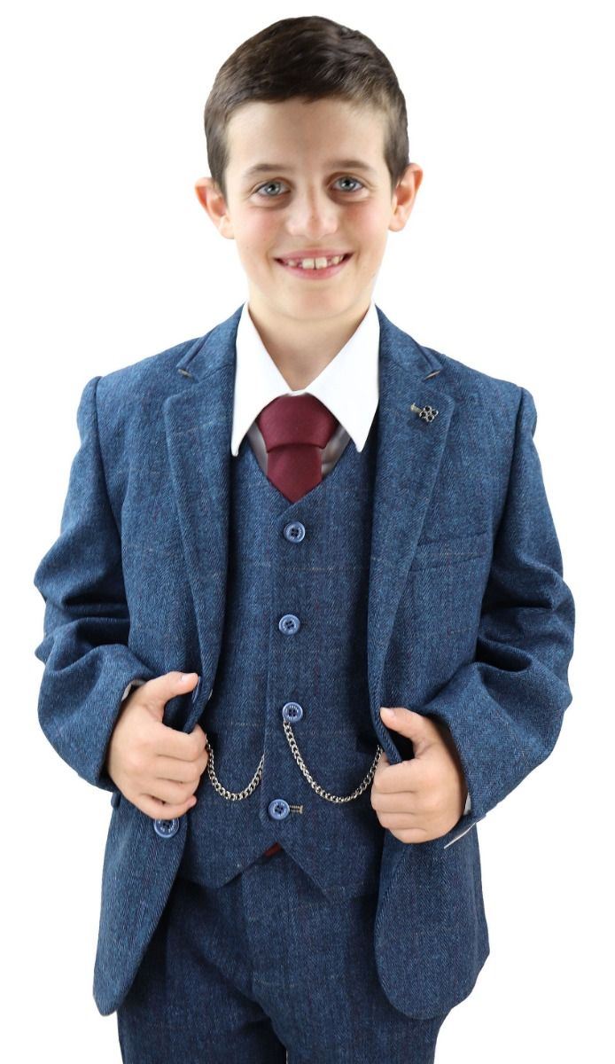 Boys 3 Piece Blue  Herringbone Tweed Check Classic  Suit