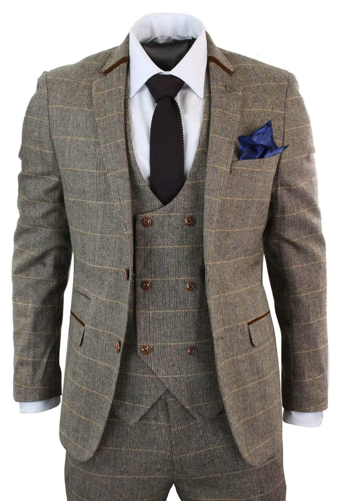 Mens 3 Piece Tan Herringbone Tweed Check Suit - Upperclass Fashions 