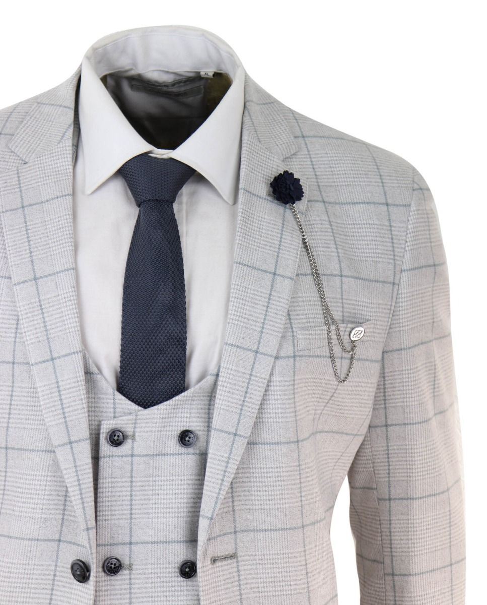 Mens 3 Piece Light Grey Check Tweed Vintage Retro Classic Suit