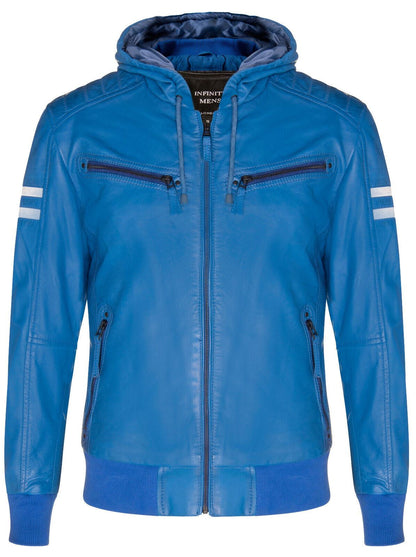 Mens Leather Hooded Bomber Jacket - Cromer