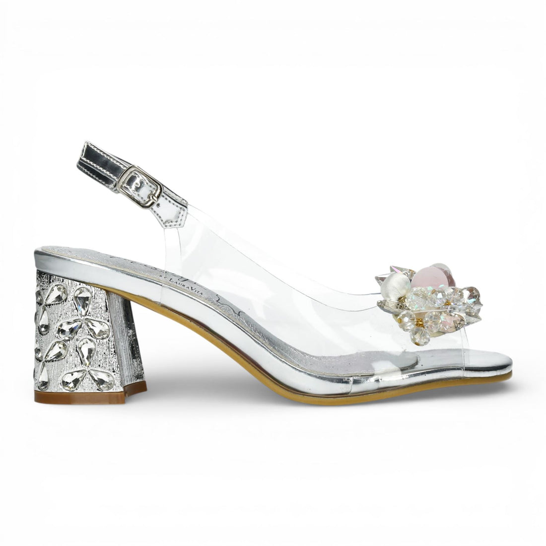 Laura Vita Women’s Clear Silver Slip-On Cinderella Block Heel Sandals - Marlene 12