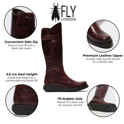 Fly London Womens Wine Burgundy MOL 2 Leather Wedge Heel Knee High Zip Up Boots