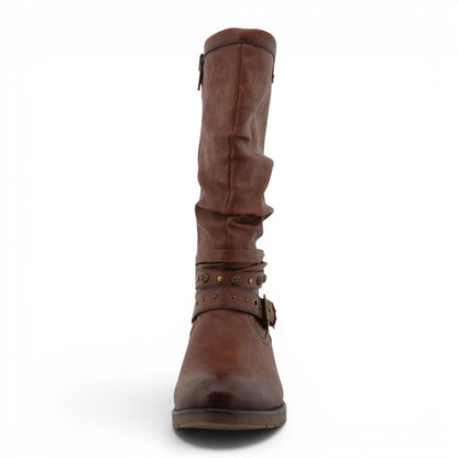 Womens Cognac Brown Faux Leather Mid-Calf Slouch Riding Boots - M0052003