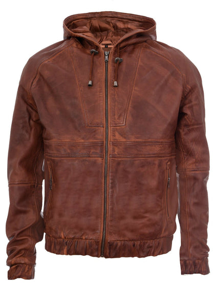 Mens Leather Hooded Bomber Jacket-Chorley
