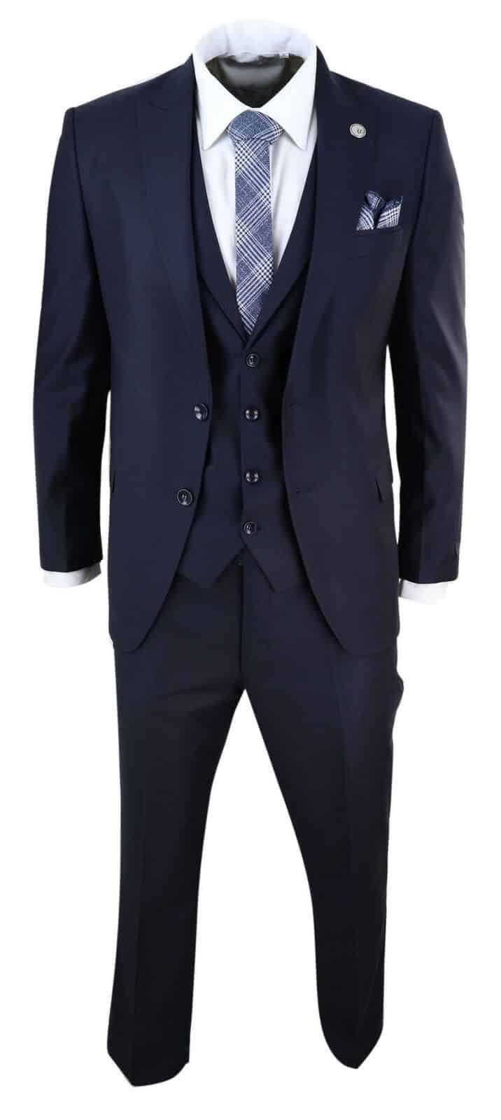 New Mens 3 Piece Suit Plain Navy Classic Tailored Fit Smart Casual 1920s Formal