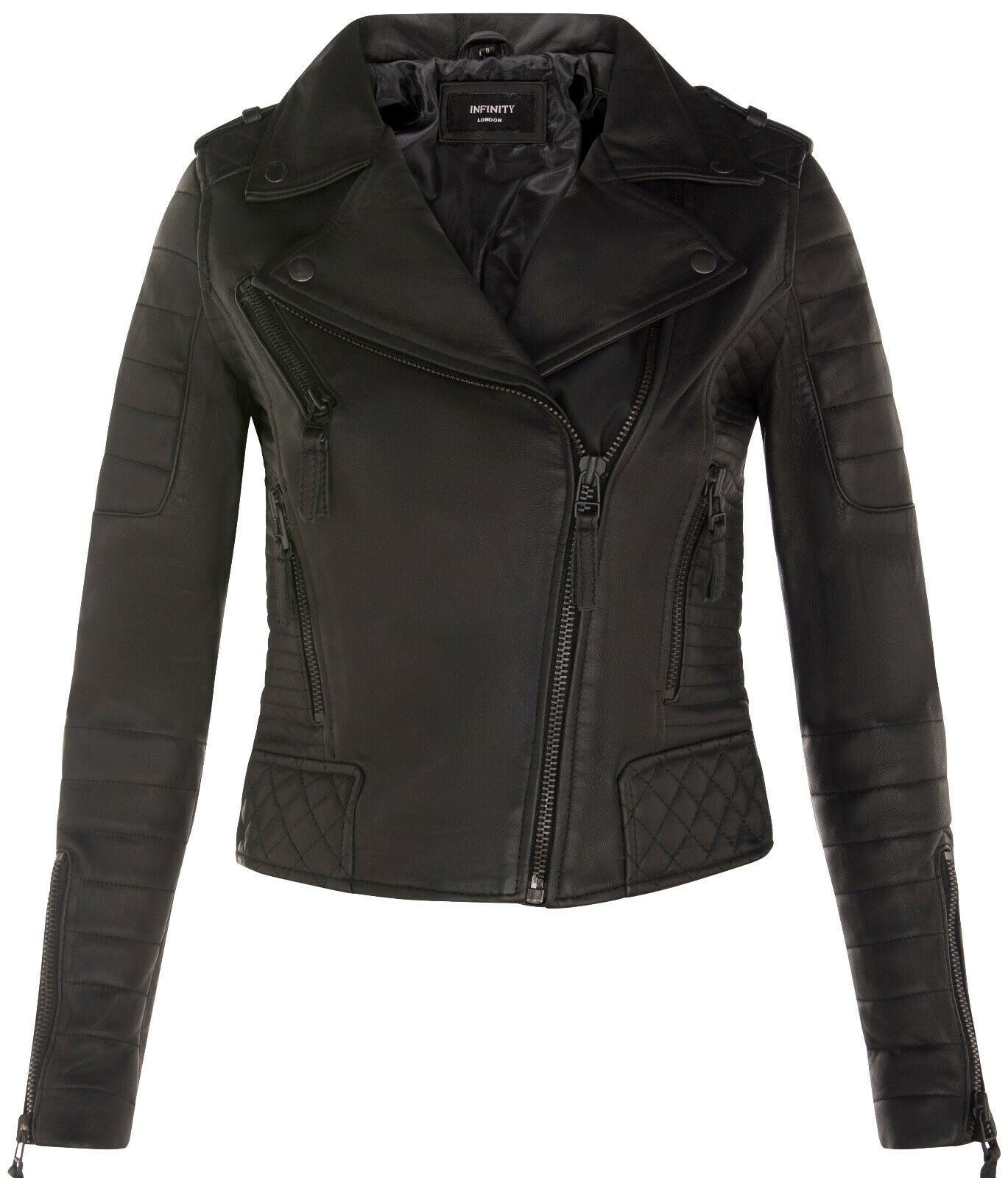 Womens Quilted Brando Leather Biker Jacket-Loftus