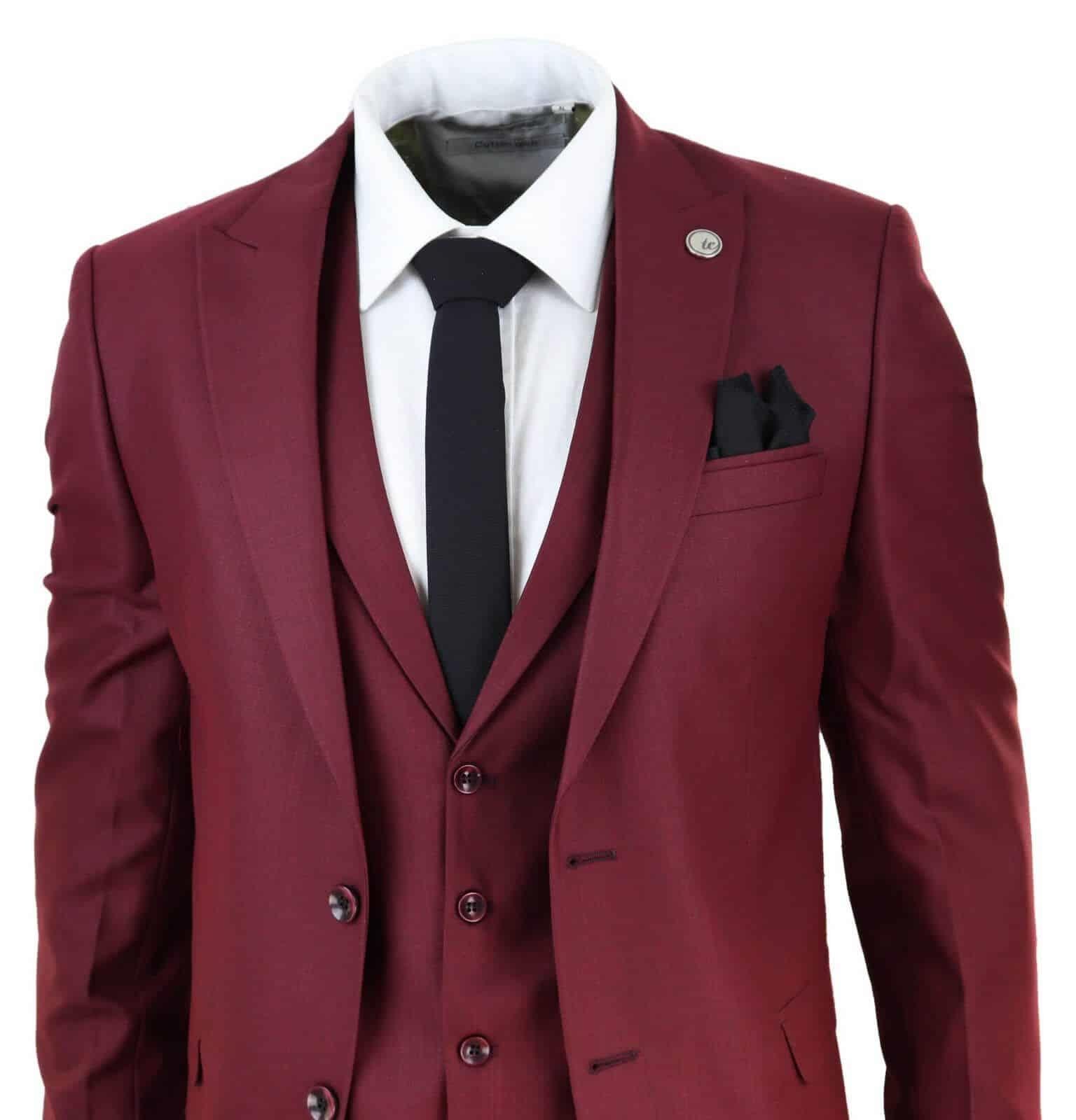 New Mens 3 Piece Suit Plain wine Classic Tailored Fit Smart Casual 1920s Formal