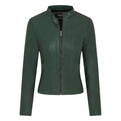 Womens Leather Stand Collar Racer Biker Jacket - 181