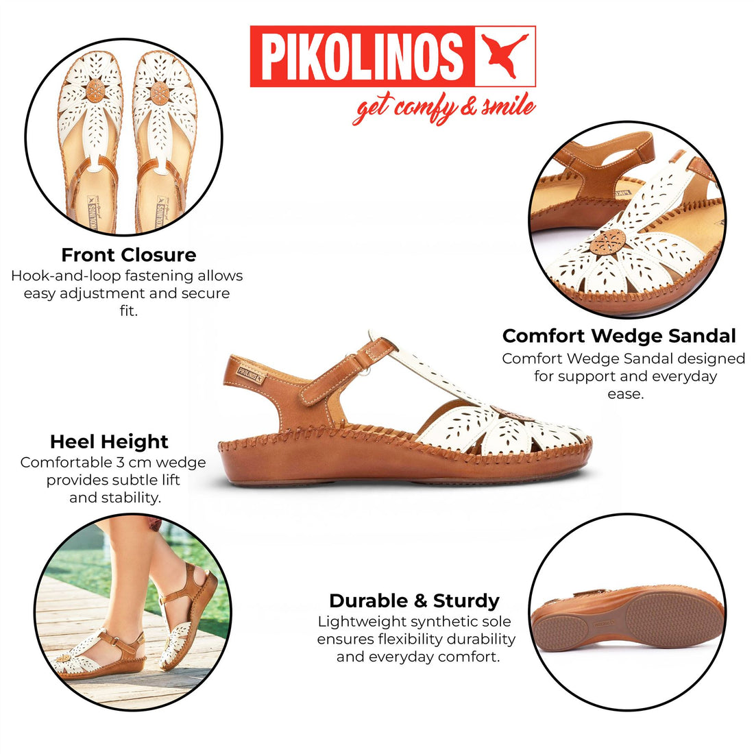 Pikolinos Women’s Tan Cream Leather Cushioned Wedge Sandal Shoes - P-Vallarta