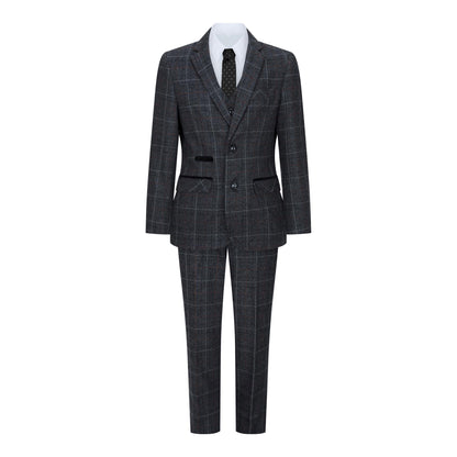 Boys 3 Piece Charcoal Grey Tweed Check Vintage Retro Suit