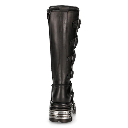 New Rock Knee High Black Leather Gothic Boots-272-S1