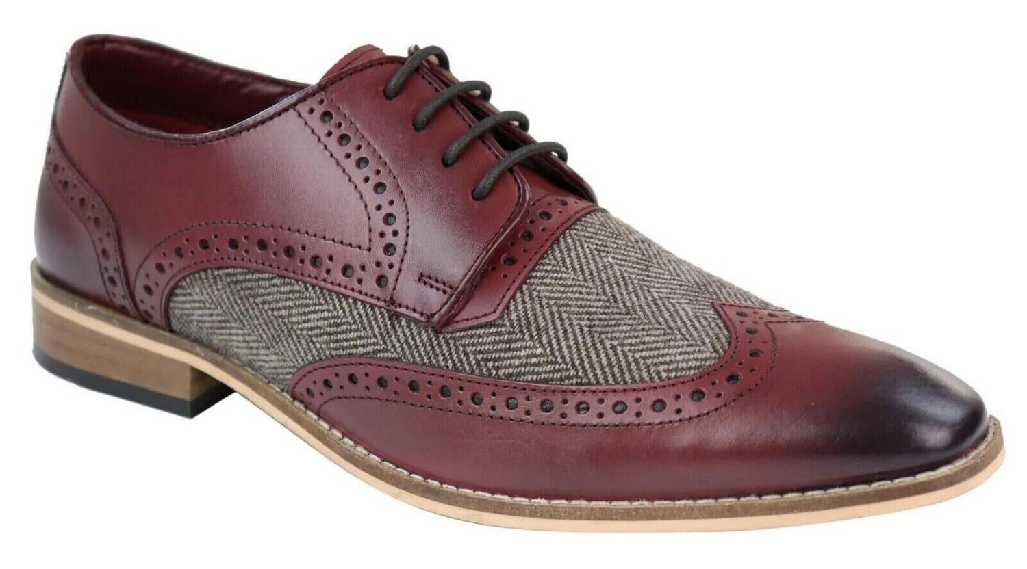 Mens Classic Oxford Tweed Brogue Derby Shoes in Burgundy Leather - Upperclass Fashions 