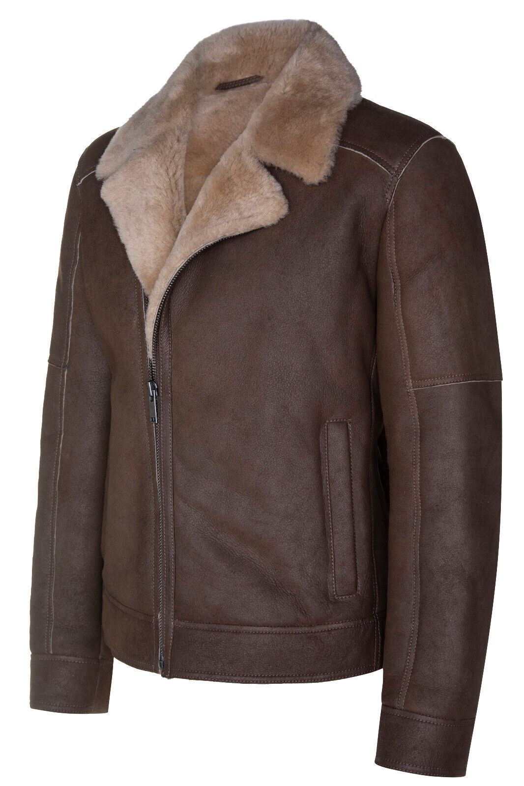 Mens Sheepskin Aviator Leather Biker Jacket-Horwich - Upperclass Fashions 