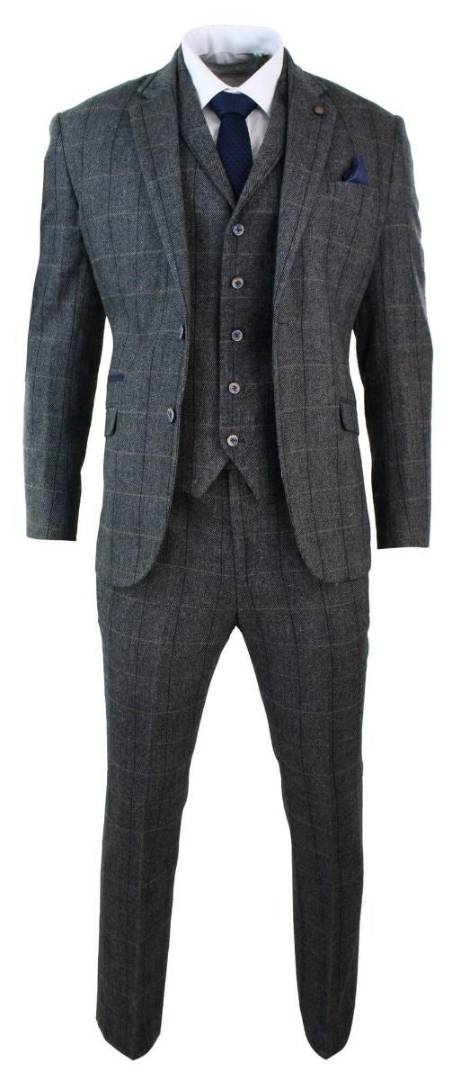 Mens 3 Piece Charcoal Grey Check Tweed Herringbone Vintage Classic Suit