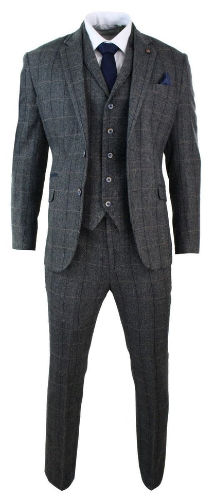 Mens 3 Piece Charcoal Grey Check Tweed Herringbone Vintage Classic Suit - Upperclass Fashions 