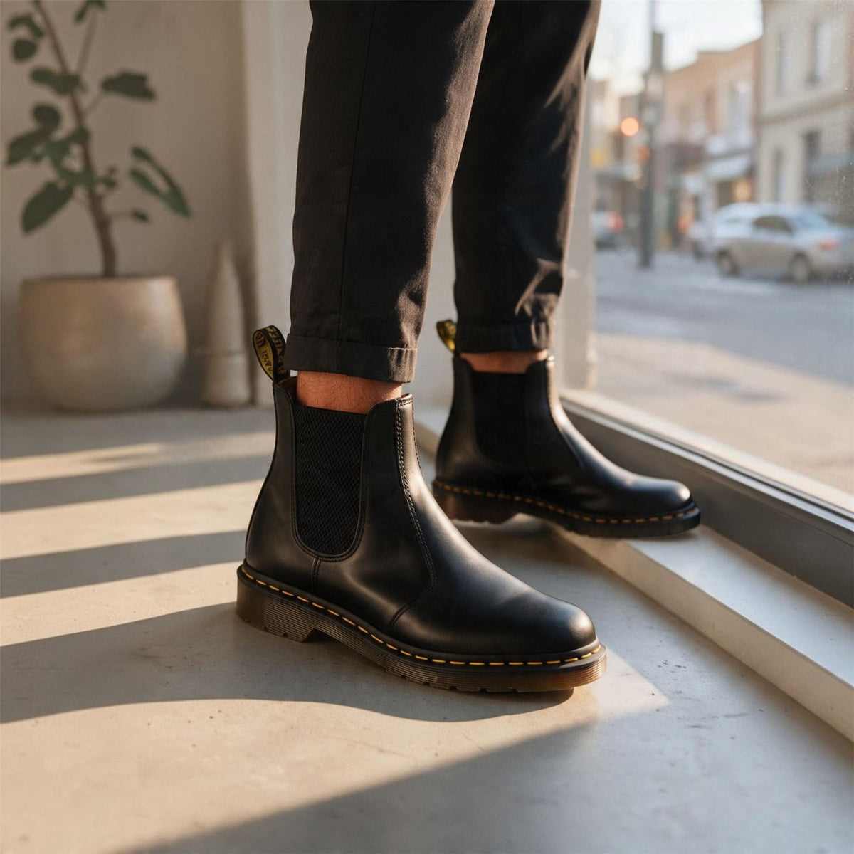 Dr Martens 2976 Yellow Stitch Black Leather Chelsea Boots - 22227001