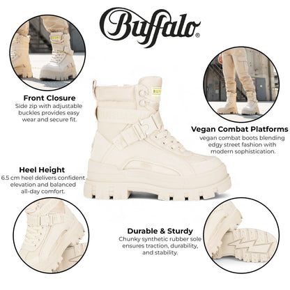 Buffalo Womens Beige Chunky Platform High Ankle Combat Boots - ASPHA-COM1