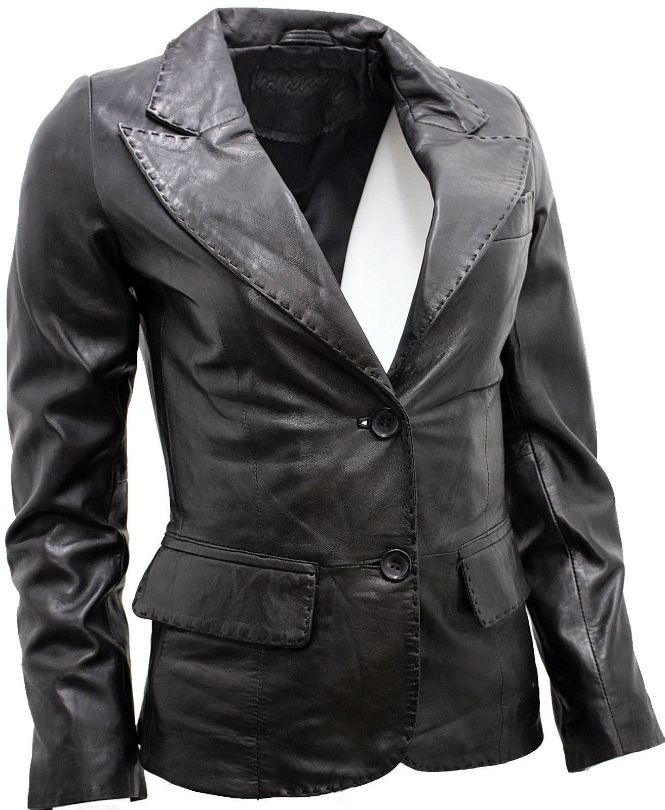Womens 2 Button Leather Blazer Jacket-Newport